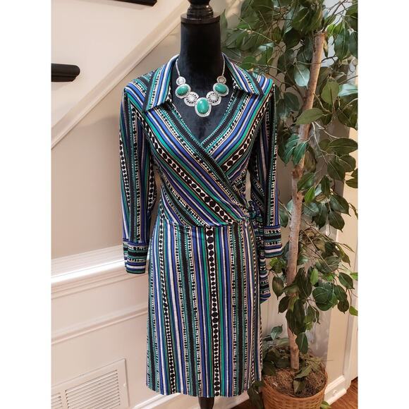Laundry By Design Wrap Dress Womens Large Multi Geometric Long Sleeve V Neck - Picture 1 of 13